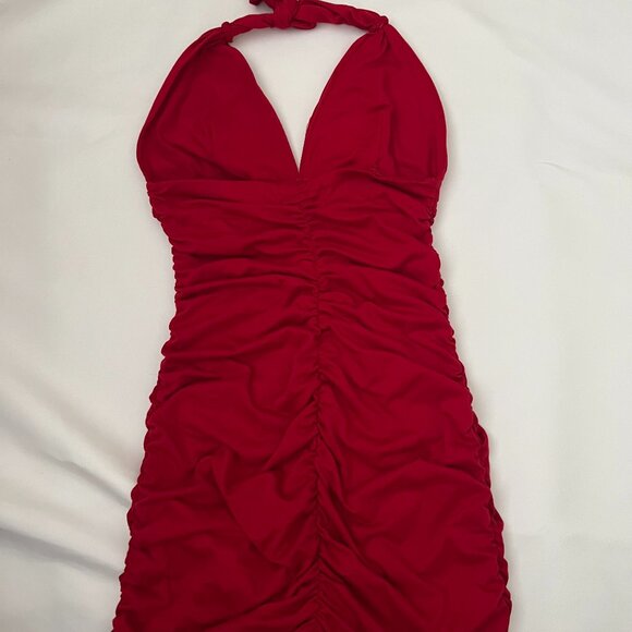 Handmade Red Ruched Halter Dress with Beaded Embroidery and Open Back Argentina - Picture 9 of 14